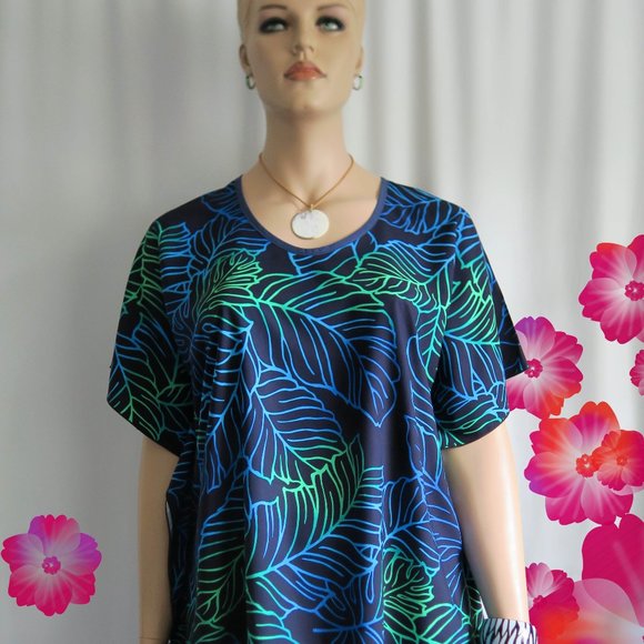 Hawaiian Ferns Polynesian Clothing Butterfly Tunic Blue & Teal - Picture 1 of 6